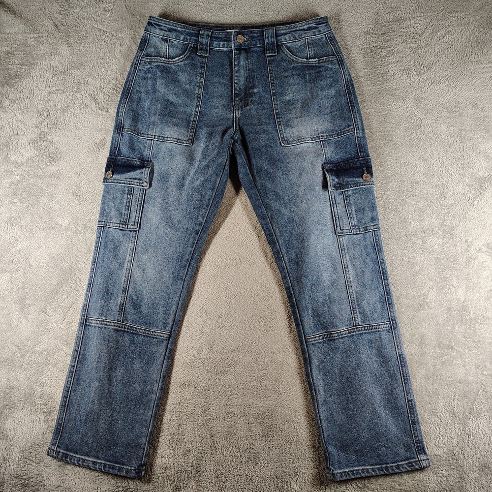 KanCan Jeans Womens 28 Blue Cargo Straight‎ High Rise Stretch Denim